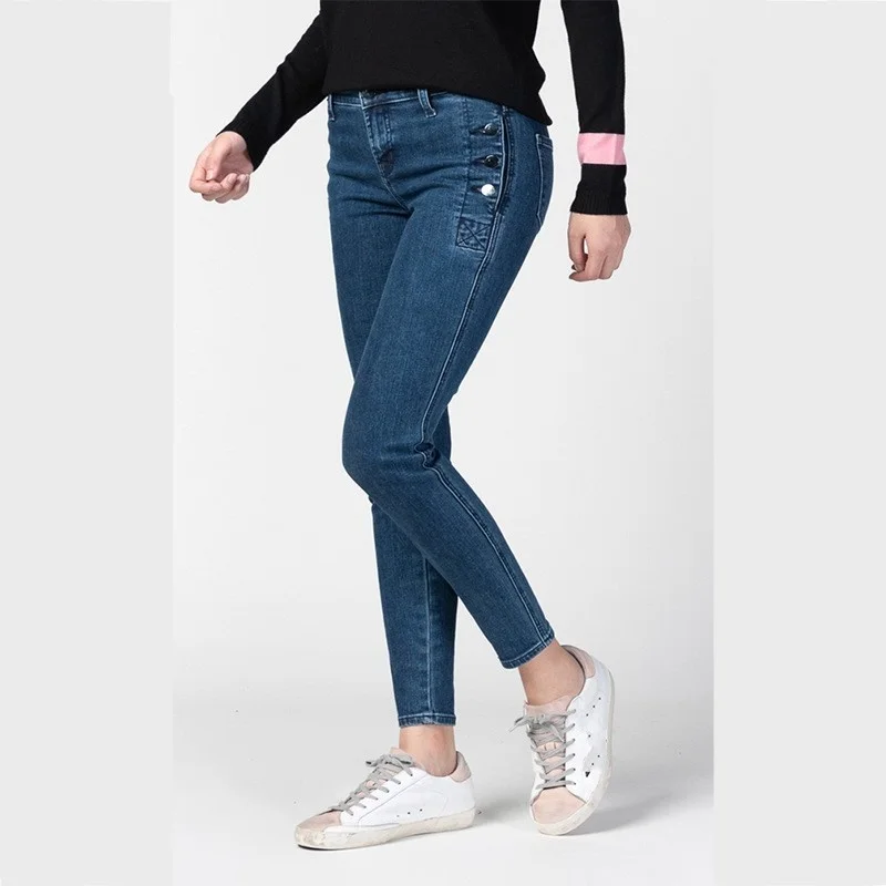 Quality High Office Ladies Ankle Length Denim Pencil Pants High Waist Button Slim Fit Womens Trousers Fashion Casual Streetwear