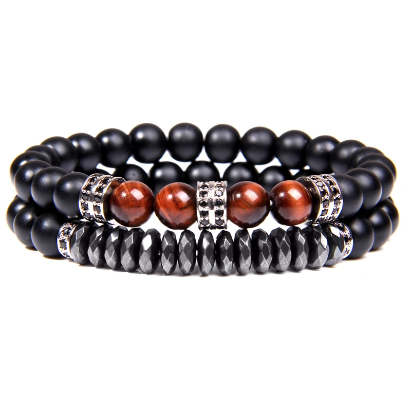 GolbalJew 2pcs Bead Bracelet Men Natural Tiger Eye Hematite Obsidian Beaded Bracelets Homme Energy Stretch Bracelet Men Jewelry