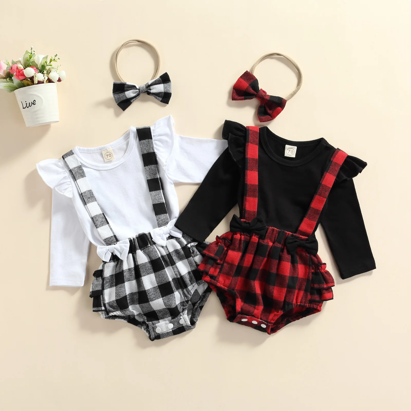 Baby Spring Autumn Clothing Infant Plaid Print Ruffle Long Sleeve Romper + Suspenders Shorts + Bow Headband Set