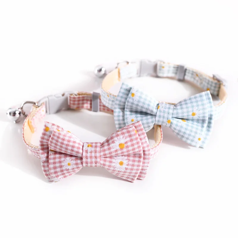 Daisy Plaid Pattern Cat Collar Adjustable Bowknot Kitten Bow Tie Lovey Puppy Necklace Decor Pets Accessories