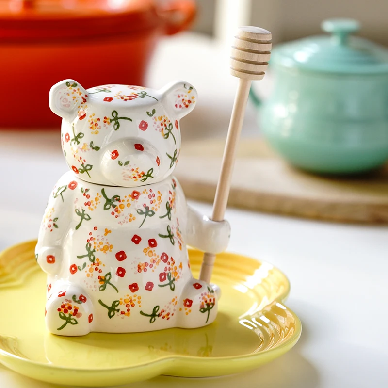 300ml Ceramic Cute Bear Honey Jar With Lid Storage Jar For Kitchen Honey Spoon Home Decor Accessory Kitchen Tools Creative Gifts