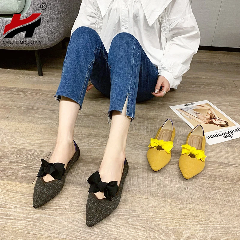 Spring Bow Women\'s Shoes Fashion Flat Single Shoes Pointed Toe Peas Shoes Comfortable Women\'s Shoes Plus Size 40