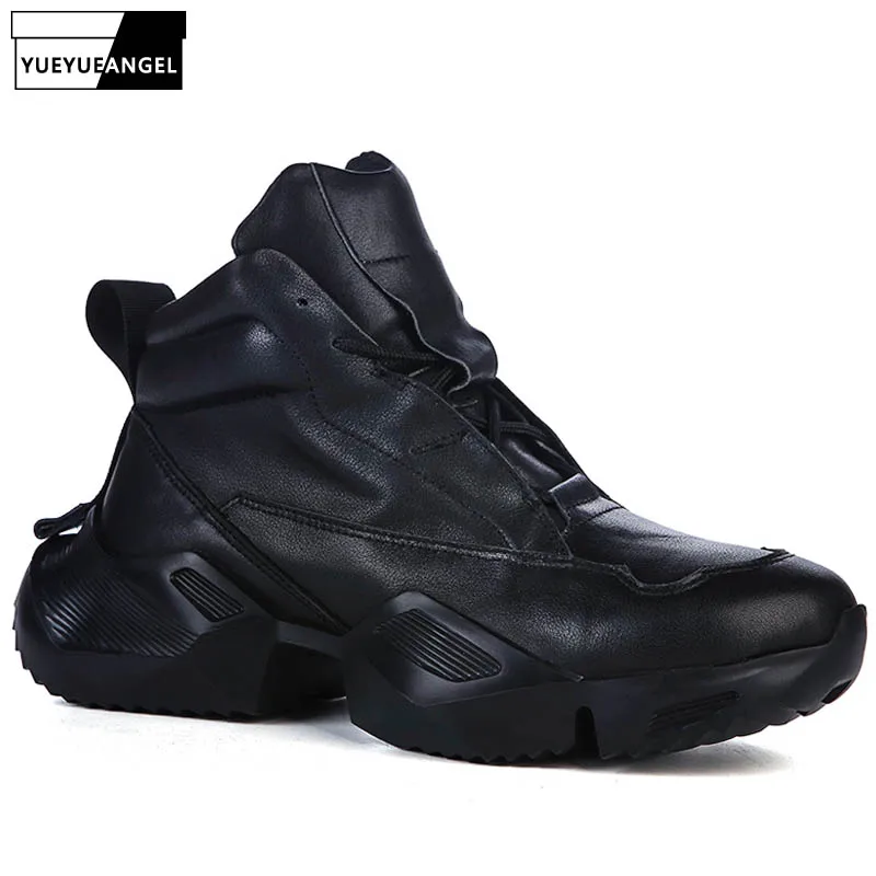 Brand Winter High-Top Platform Sneakers Men Genuine Leather Thick Sole Increased Casual Shoes Top Quality Mens Black Trainers