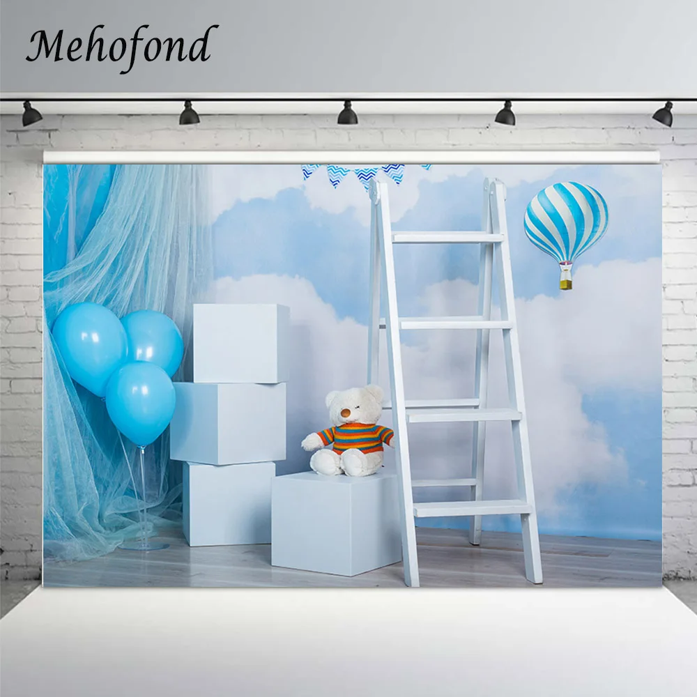 Mehofond Newborn Cake Smash Backdrop Blue Sky Clouds Balloons Ladder Baby Birthday Portrait Photography Background Photo Studio