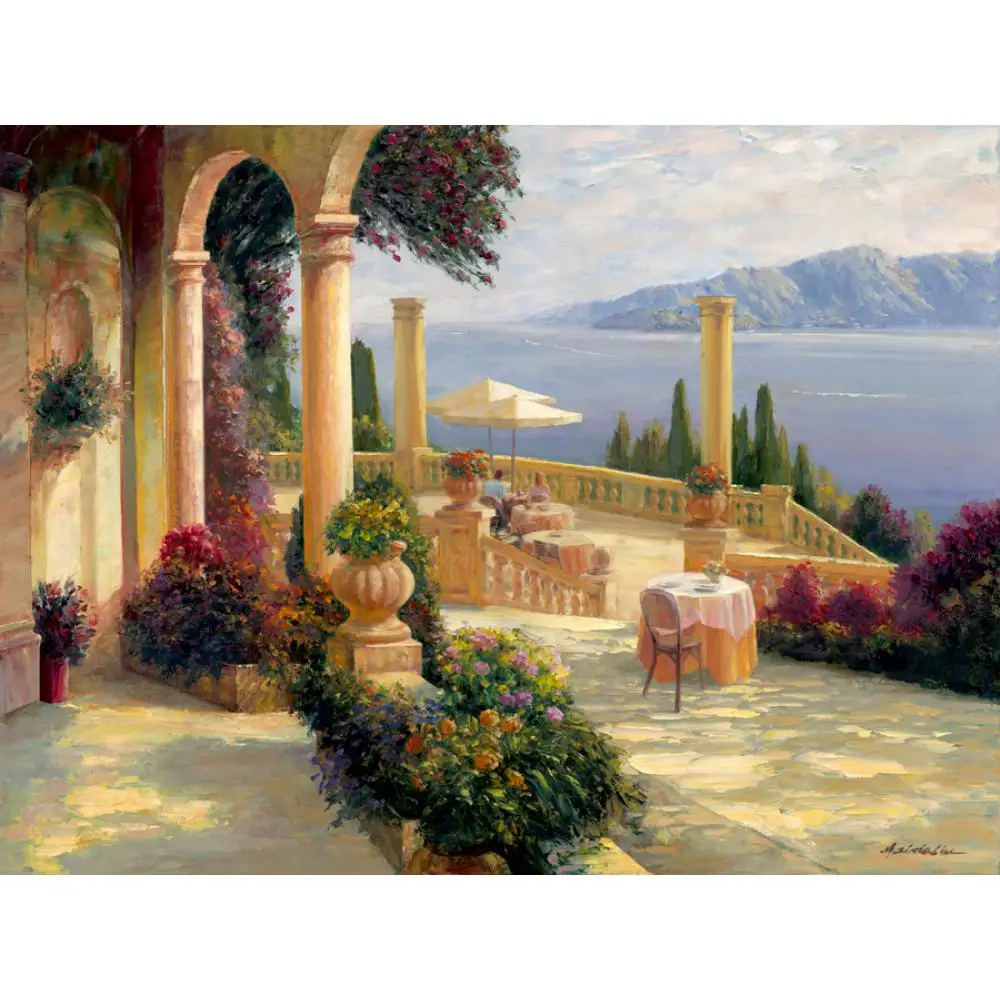 

Contemporary Landscape Painting Handmade Canvas Art Seside Villa Mediterranean Artwork for Living Room Bathroom Wall Decor