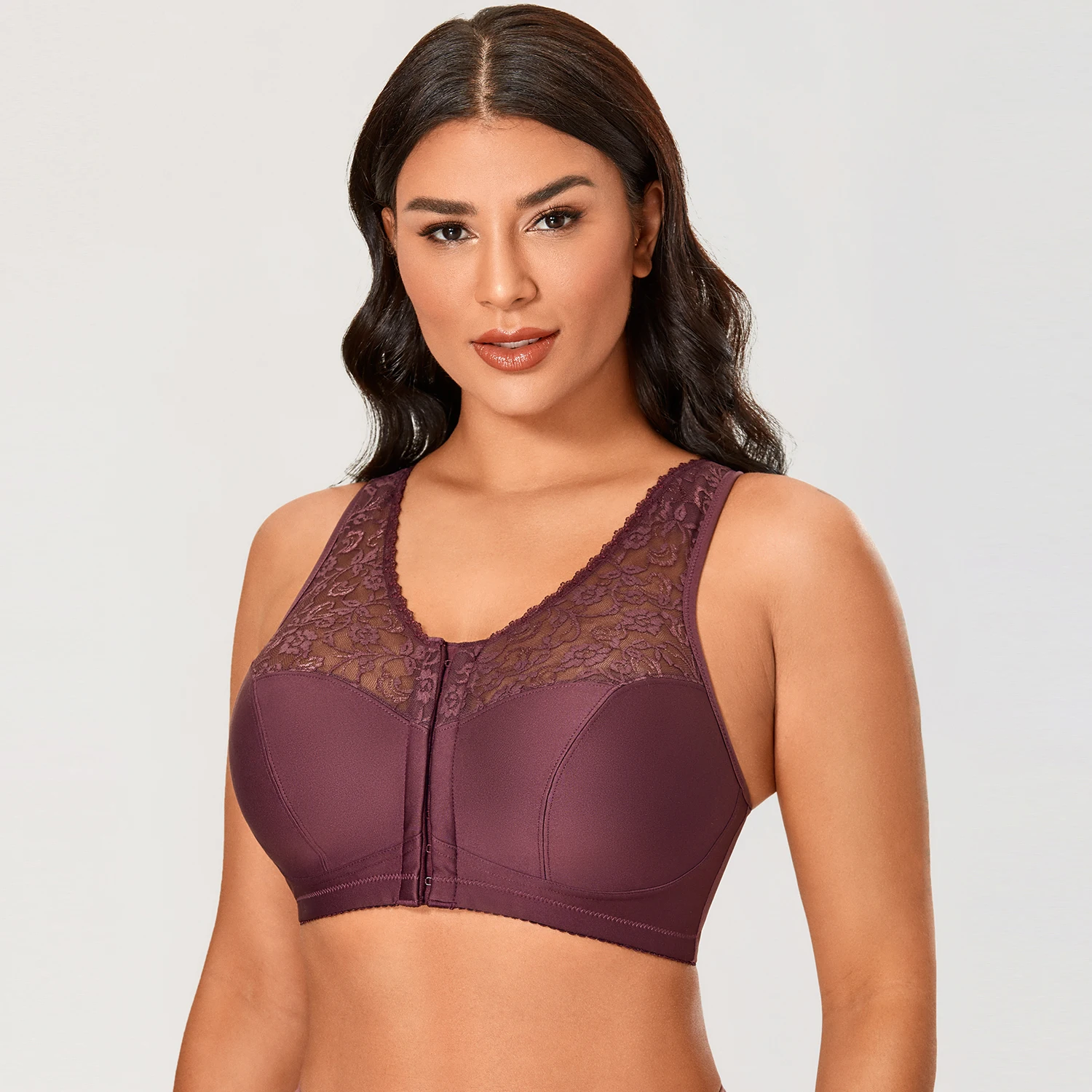 Women's Sheer Lace Front Closure Bra Cotton  Plus Size Full Coverage Wirefree Racerback Lingerie B-DD E F G H I 34-42 44 46 48