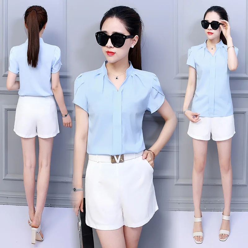 Korean Fashion Womens Tops and Blouses Chiffon Women Blouses Short Sleeve White Shirts XXL Ladies Tops