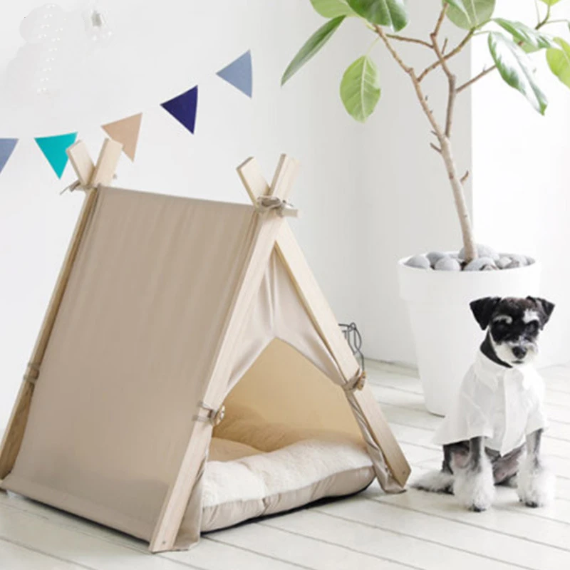 Portable Wood Pet Tent Dog House Cat House Washable Triangle Teepee Tent Outdoor  Indoor Puppy Cat Travel Teepee Cave with Mat