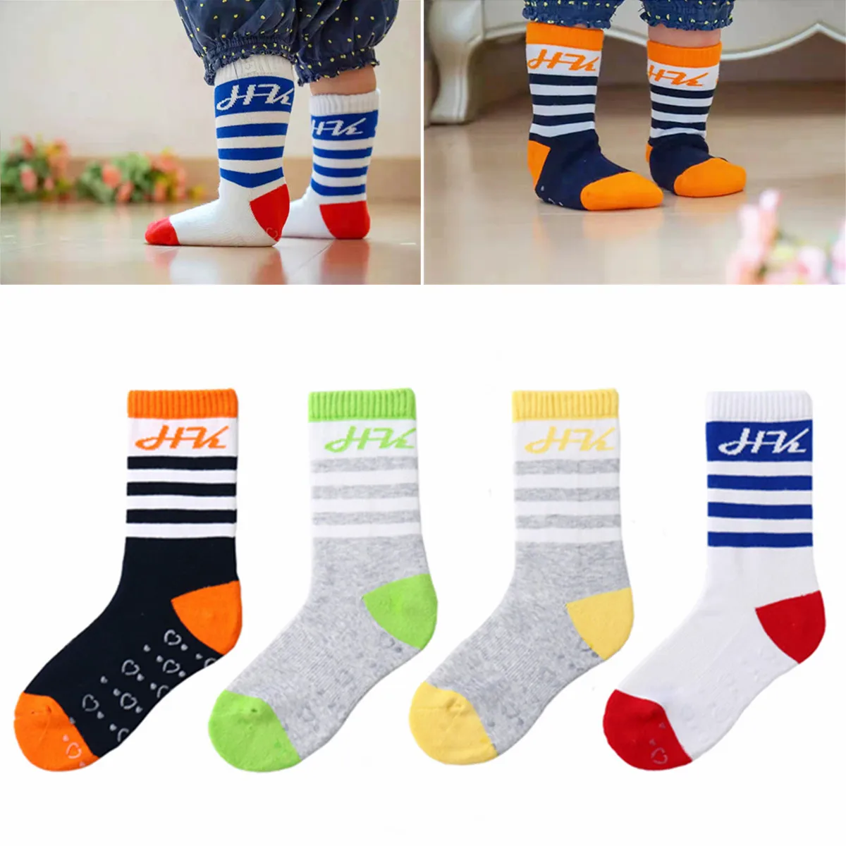 HONEYKING 2 Pairs/Lot Kids Sports Socks For Girls Boys Football Stripes Cotton Non-slip Old School Baby Long Tube Leg Warm Socks