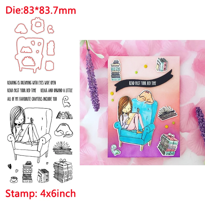 A Girl Sitting On The Sofa Books Words Transparent Clear Stamps Matchable Cutting Dies For DIY Scrapbooking Cards Crafts New 202