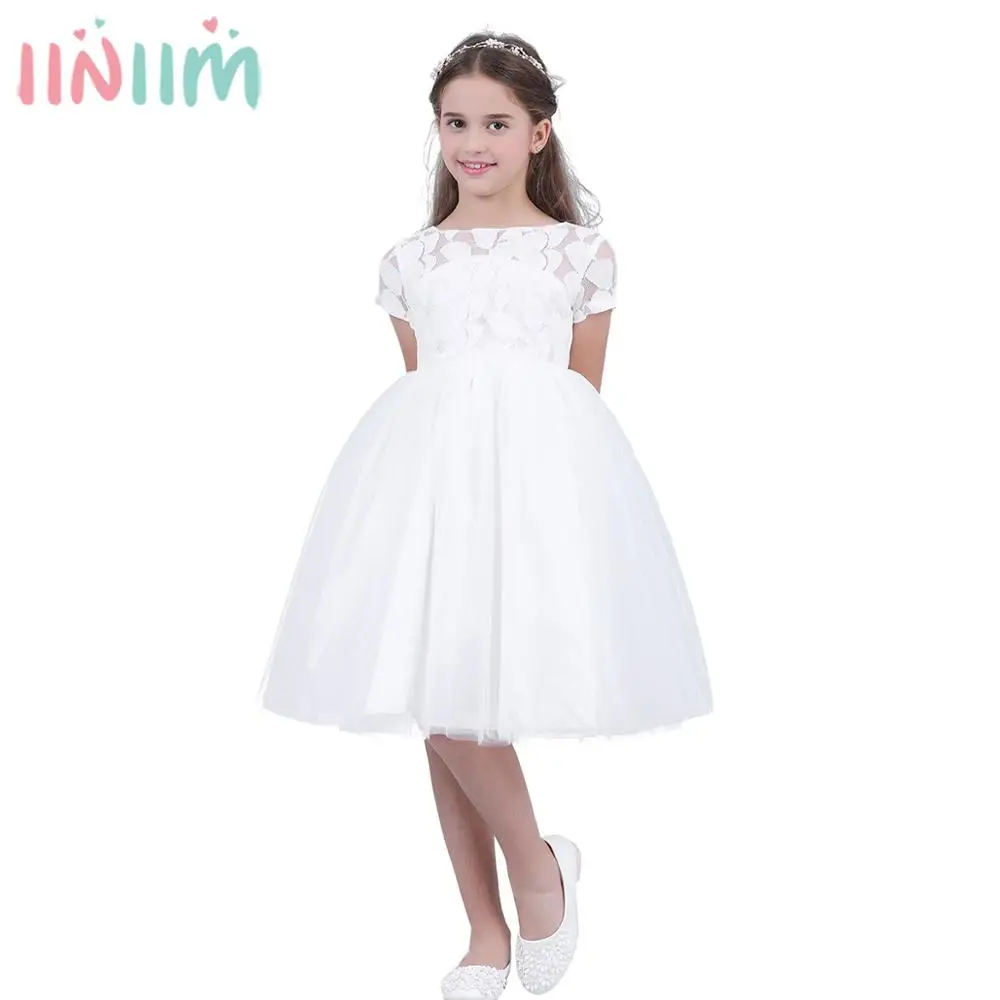 iiniim Kids Dresses for Girls White Vestido de festa Prom Dress Toddler Princess Children's Hollow Heart Dress for Evening Party