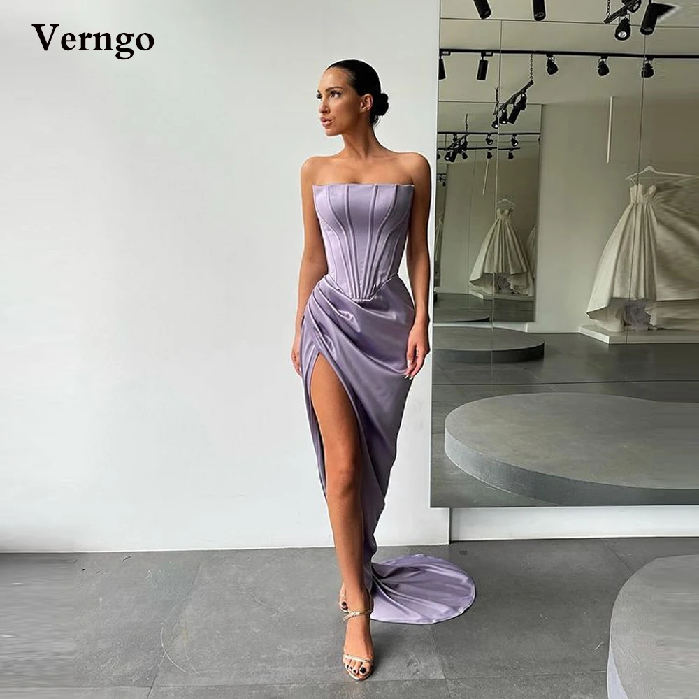 

Verngo Modern Lavender Satin Mermaid Evening Dresses Strapless Split Long Sexy Prom Gowns Women Party Special Occasion Dress