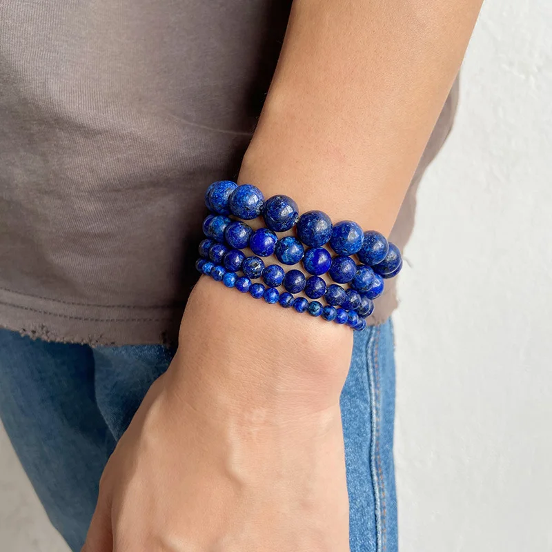 Natural Blue Lapis Lazuli Stone Beaded Bracelet Healing Energy Unisex Fashion Elastic Bracelets For Men Women Jewelry Gift