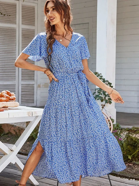 Ladies Vintage Maxi Floral Print Long Summer Dress Women Casual Bohemian Sundress Women Beach Dress Female Vestidos Robe Femme AliExpress