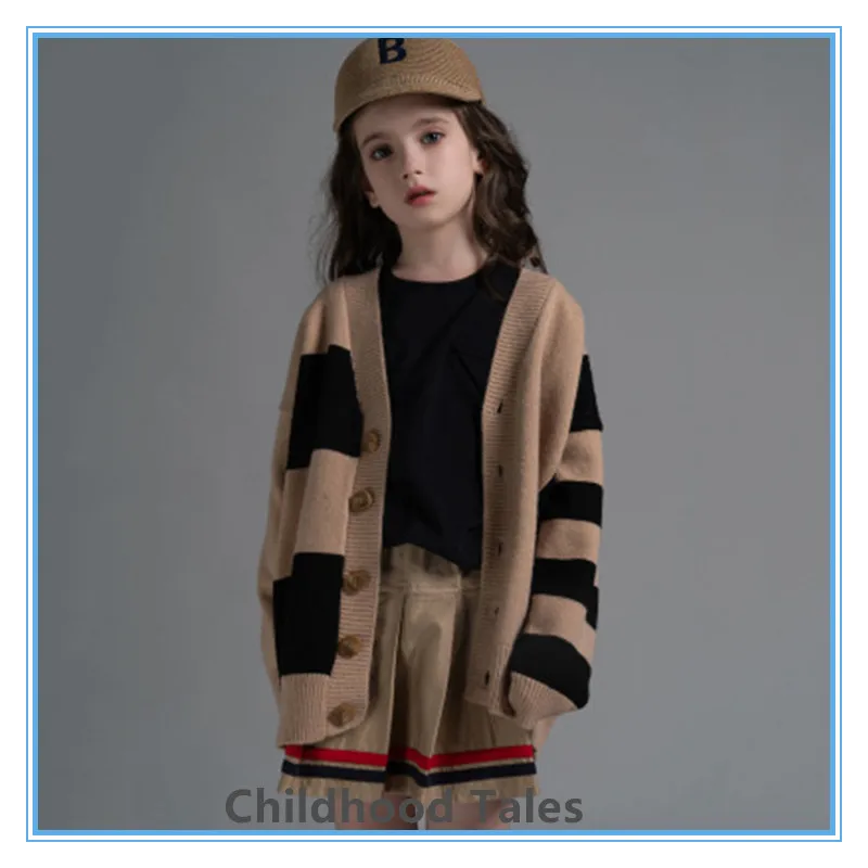 

Girls' knitted cardigan, medium and large children's clothing, parent-child models, children's new striped off-shou