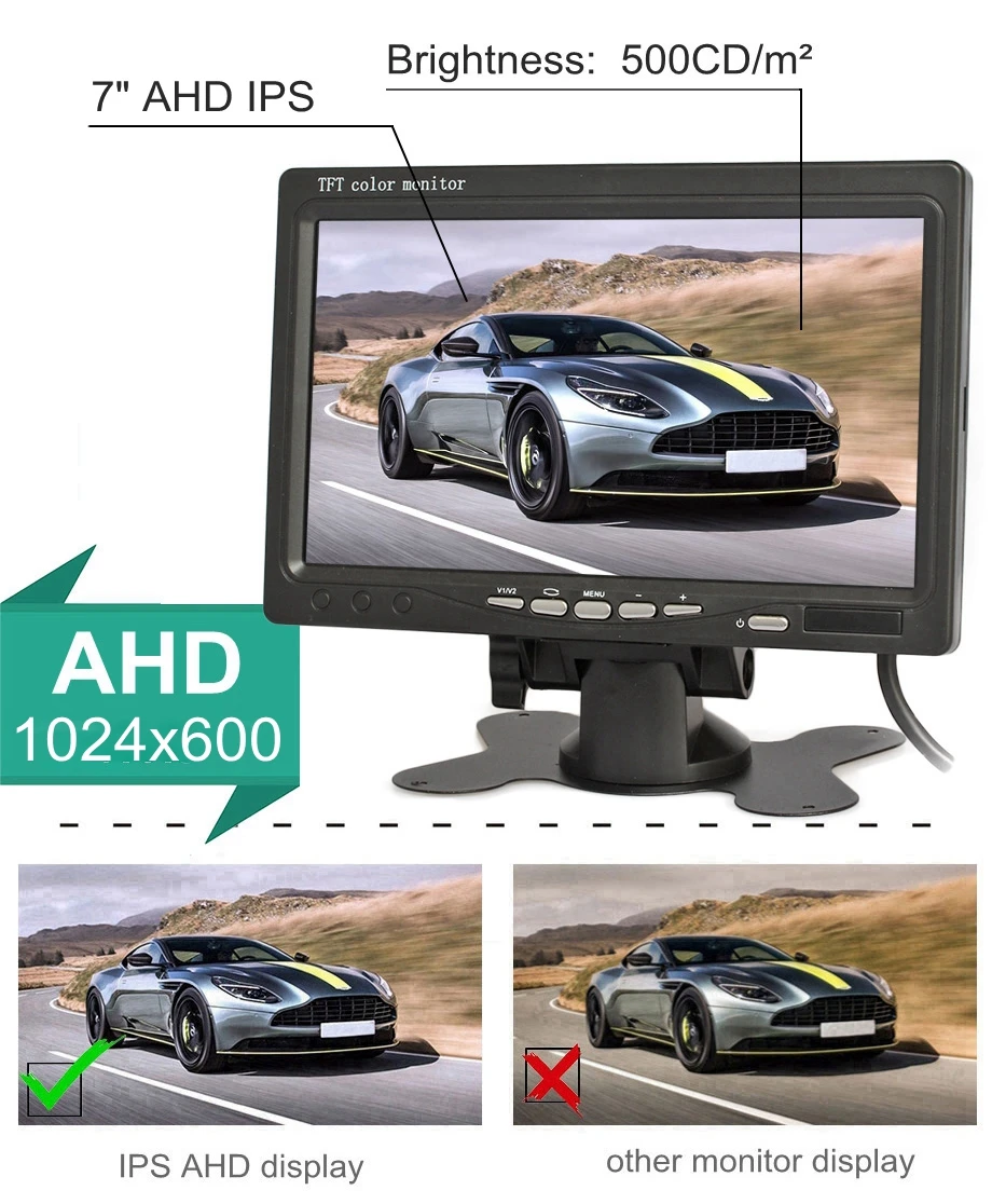 DIYKIT 7inch AHD IPS 1024*600 Car Monitor Rear View Monitor Max Support 1080P AHD Camera 2 Video Input