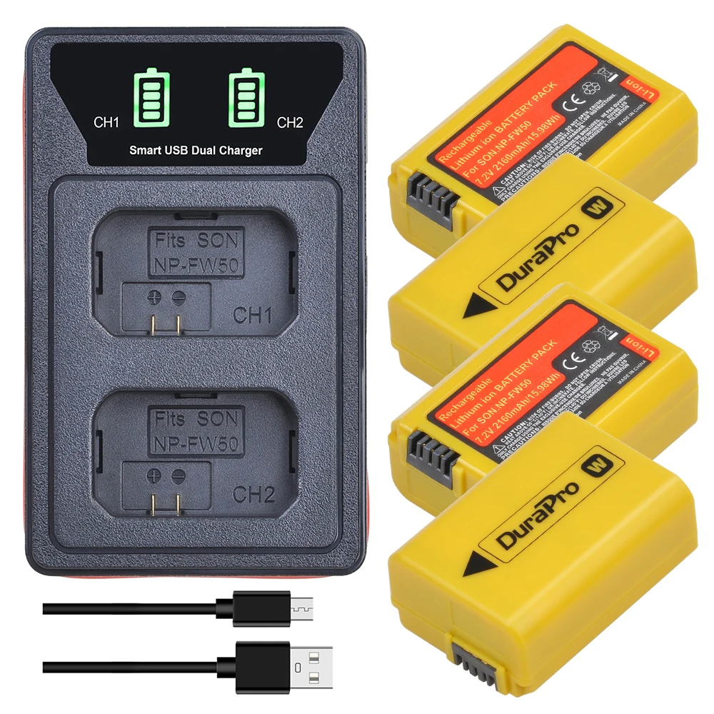 DuraPro 2160mAh NP-FW50 Bateria NPFW50 Battery +LED Charger for Sony Alpha a6500 a6400 a7 7R a7R a7R II a7II NEX-3 NEX-5 ZV-E10L