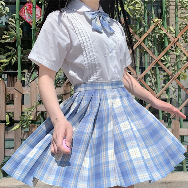 Japanischen College Wind JK Uniformen Kurzarm Studenten Weißes Hemd Hohe Taille Plaid Plissee Rock Stück Weibliche Sommer