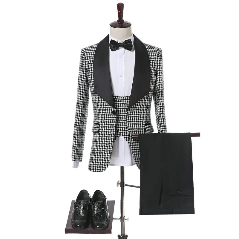 

JELTONEWIN Costume Homme 3 Pieces Set Men Suit 2022 Design Real Photo Houndstooth Tuxedo Wedding Suit For Men Jacket+Vest+Pant