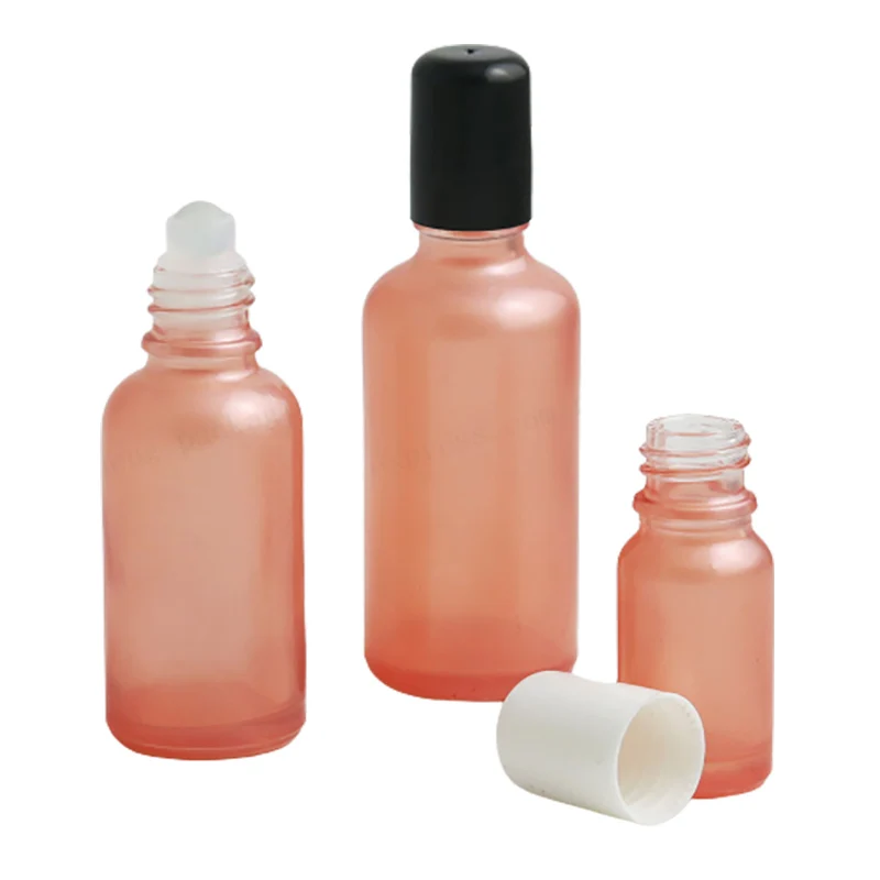 

12 x Empty Refillable Paint Pink Glass Essential Oil Bottle With Black Cap Glass Ball 10ml 30ml 50ml 100ml