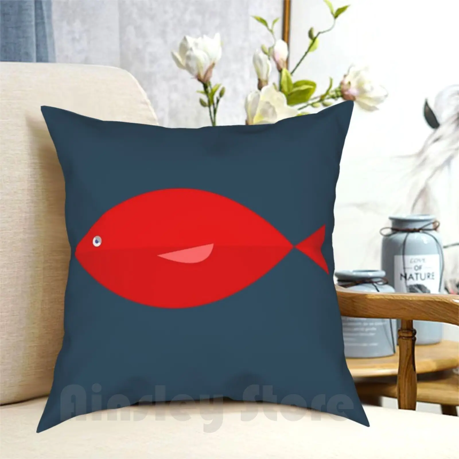 Sleepy Red Fish In A Steel Blue Sea. Minimalist Ocean Design Pillow Case Printed Home Soft Throw Pillow Fish Animals