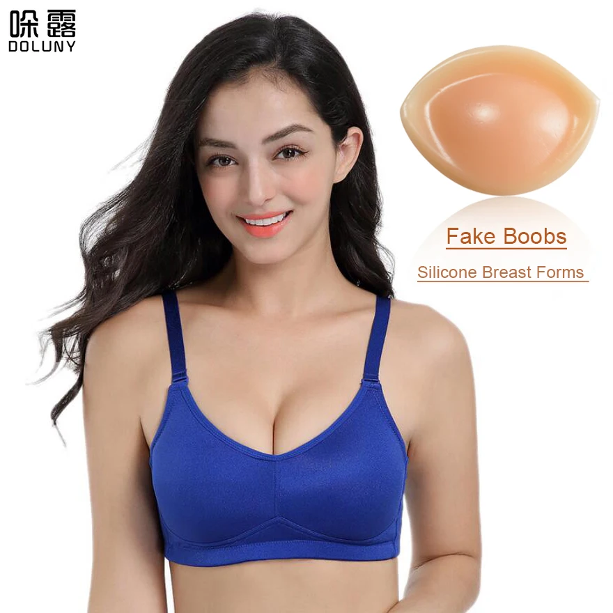 Silicone Breast Forms and the Blue Mastectomy Bra 95C has Pocket insert Artificial Fake Breast Prosthesis Pad for Women D3