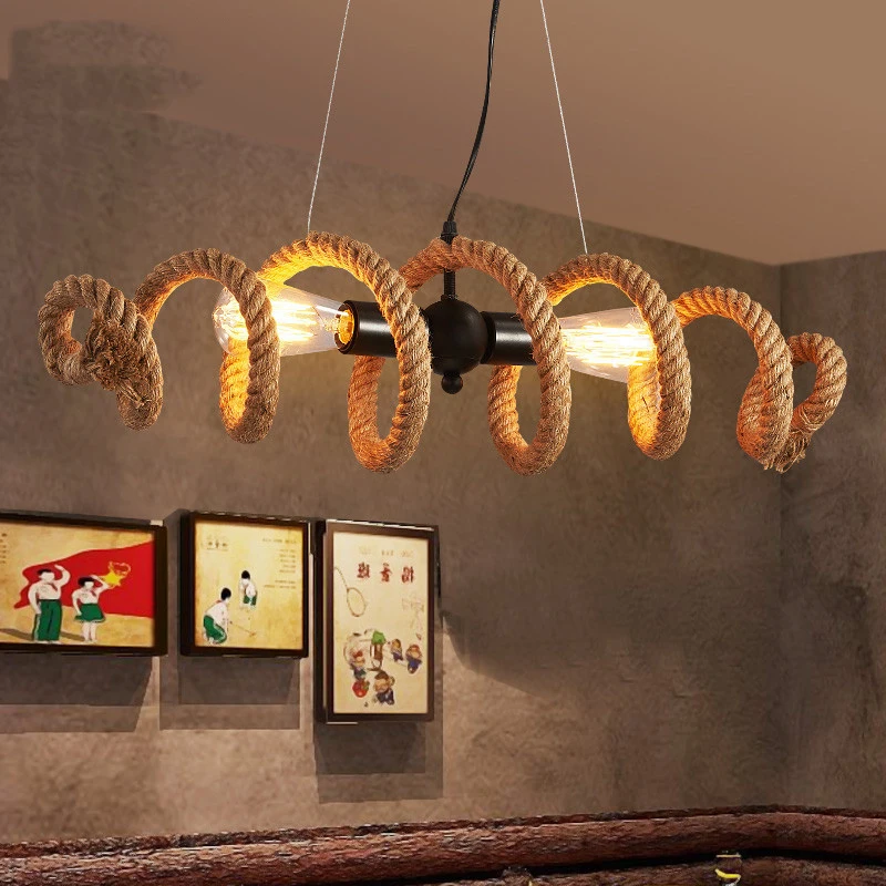 

Retro Hemp Rope Chandelier E27 Industrial Pipe Ceiling Lamp For Restaurant Living Room Bar Cafe American Twisted Hanging Lamp