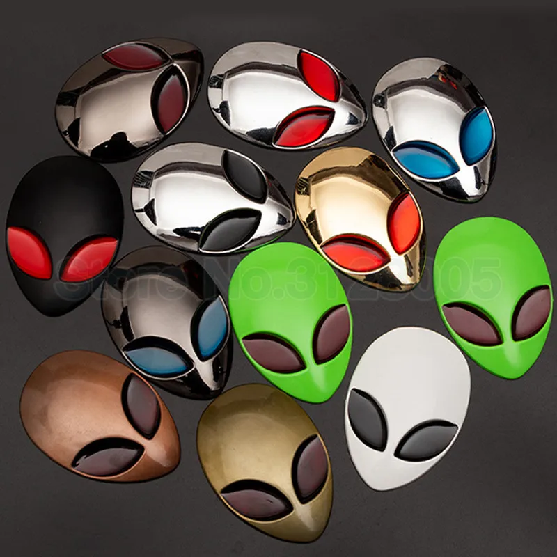 1 Pcs Metal 3D Alienware Alien Head Auto Logo Badge Emblem Motorcycle Car Head Cover Sticker Car Body Styling