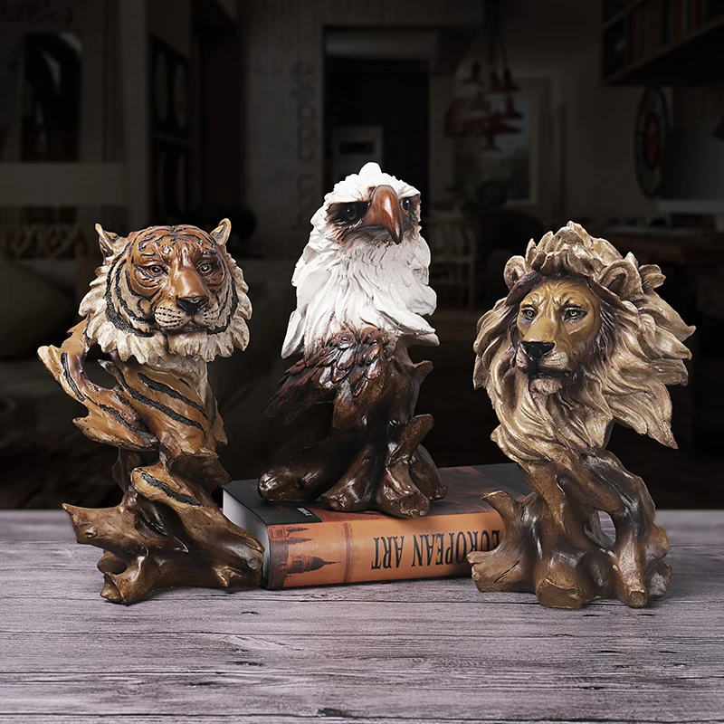 Art Animal Head Statue Creative Imitation Wood Root Sculpture Horse Figurine Lion Tiger Wolf Eagle Resin Crafts Home Decoration