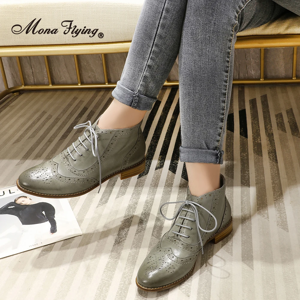 Mona Flying Womens stivali Brogue con lacci in vera pelle stivaletti corti stivaletti Oxford con tacco alto e tacco alto per donna 068-18