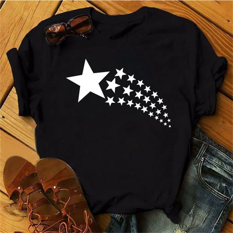 Maycaur Woman Star Moon Print Harajuku Summer Tshirts Casual Round Neck Short Slee Top Tee Shirt Women Black T-shirt Drop Ship