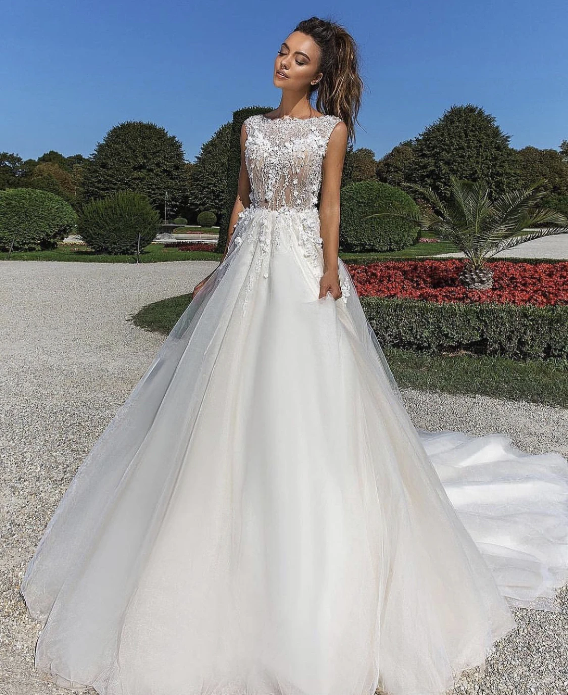 Vestido de casamento a linha o-pescoço tanque renda apliques contas até o chão trem varredura lindo vestido de noiva feito sob encomenda novas chegadas