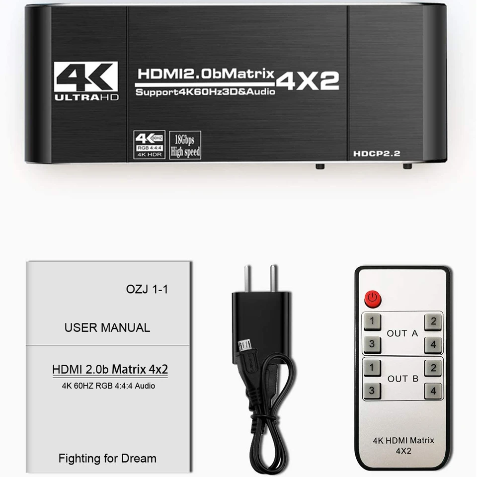 Navceker 18.5 Gbps HDMI Matrix 4x2 4K@60Hz HDMI Switch Splitter with SPDIF and L/R 3.5mm HDR HDMI Switch 4x2 Support HDCP 2.2 3D