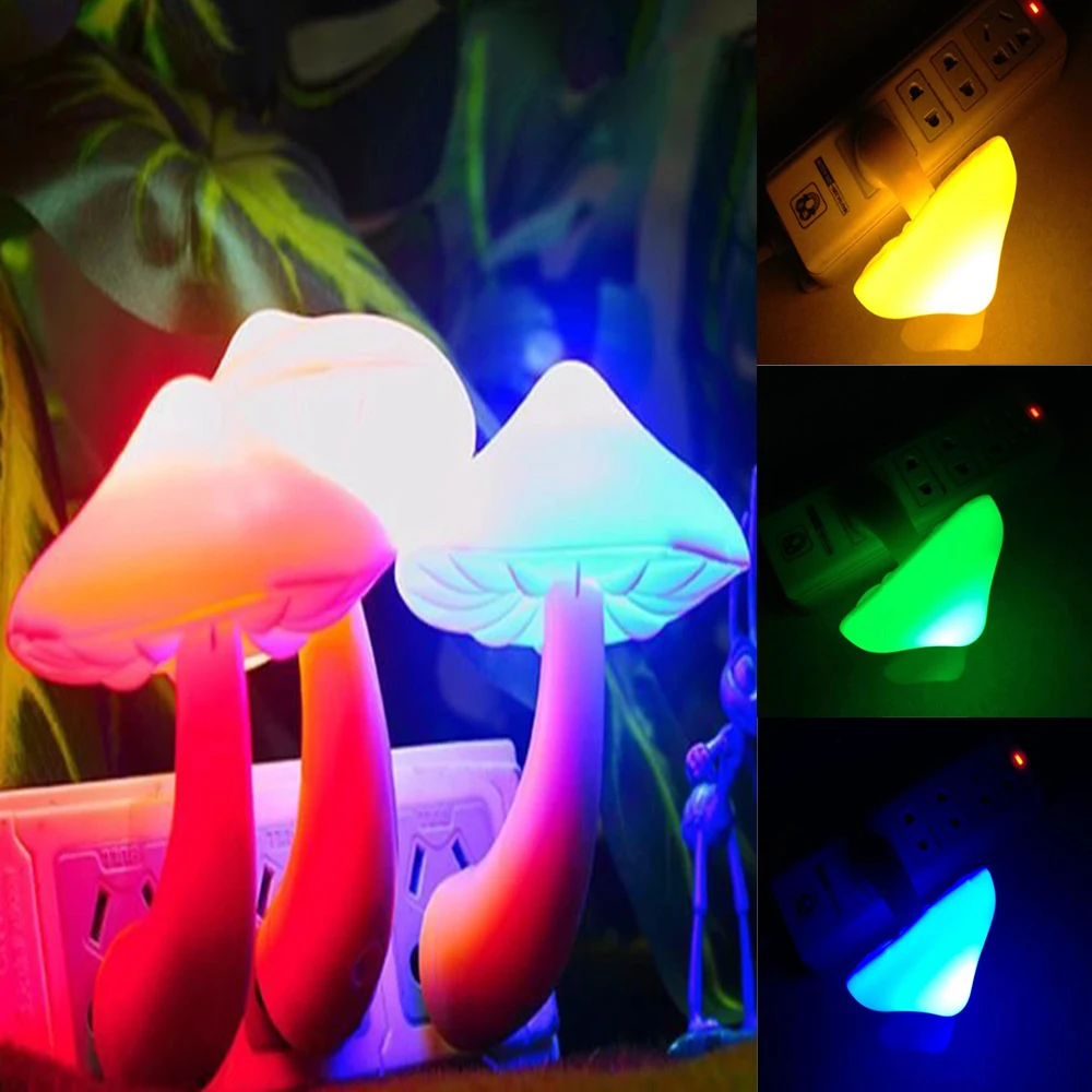 Light Sensor Automatic On-Off LED Night Lights US EU Plug in Mushroom Yellow Pink Blue Green RGB Lamps For Kids Bedroom Decor