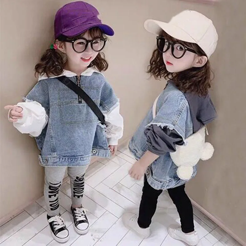 

Толстовка с капюшоном для девочек, куртка на весну, осень, зиму, джинсовый топ в стиле пэчворк с длинными рукавами, корейский Стильный весенний детский топ для маленьких девочек