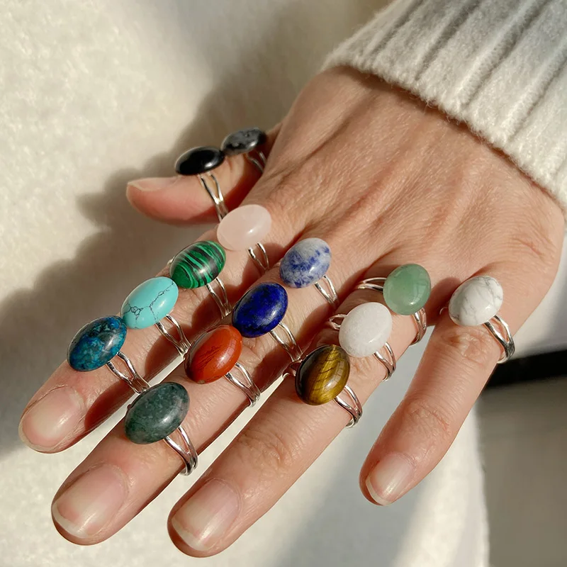 Unisex Natural Stone Ring for Women Reiki Healing Agates Semi-precious Finger Rings Alloy Adjustable Ring Men Fashion Jewelry