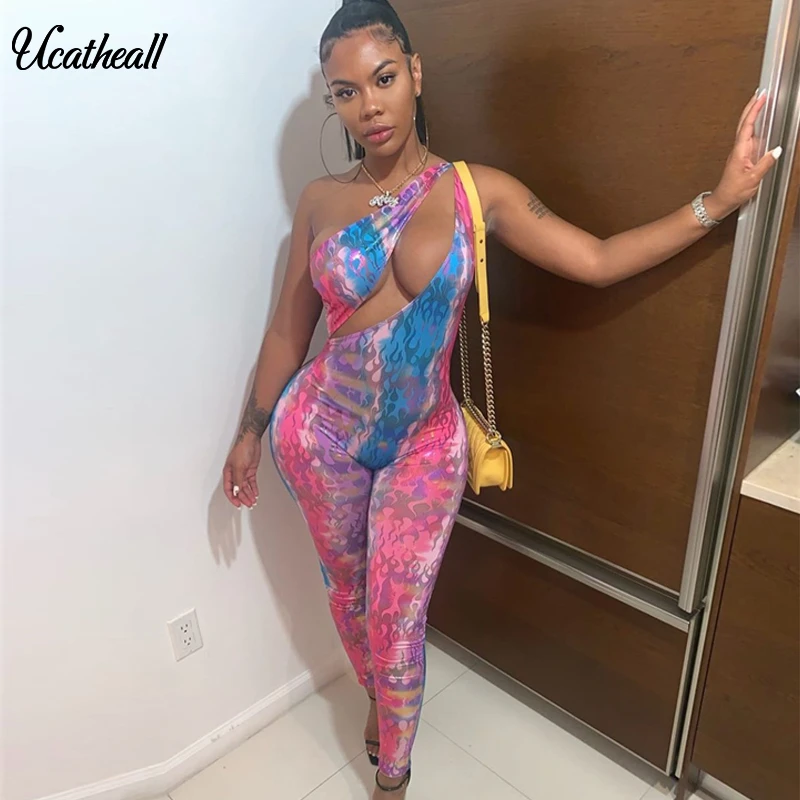 Zomer Vrouwen Bodycon Jumpsuits Sexy Sheer Hollow Out Schouder Jumpsuit Rompertjes Vrouwen Mouwloze Print Skinny Party Club Overalls