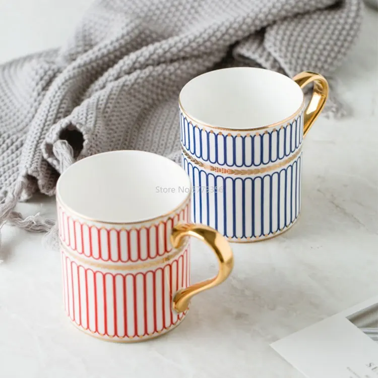 350ml British Style Luxury Gold Stripes Bone China Coffee Mug Afternoon Water Tea Drink Cup with Gift Box