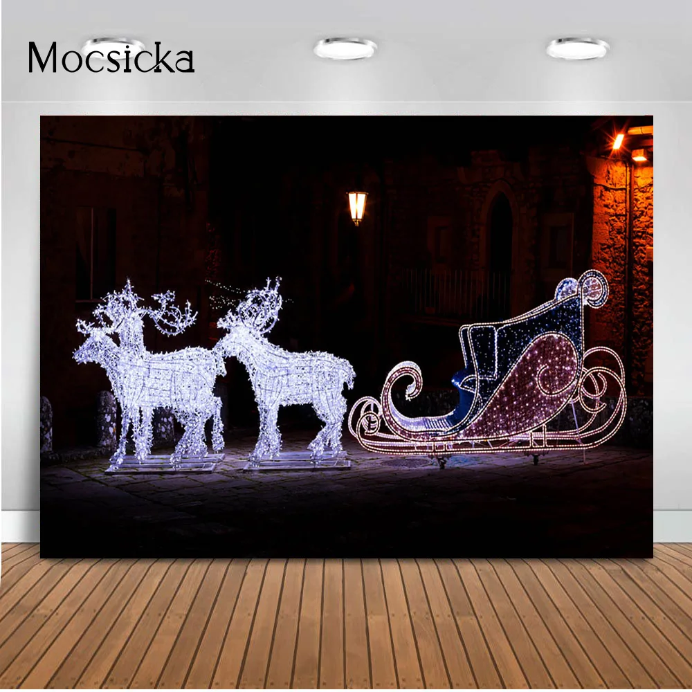 Deer Background Cloth Sleigh Street Photo Night Banner Backdrops Christmas Photography Winter Navidad Children Adult Kids Studio