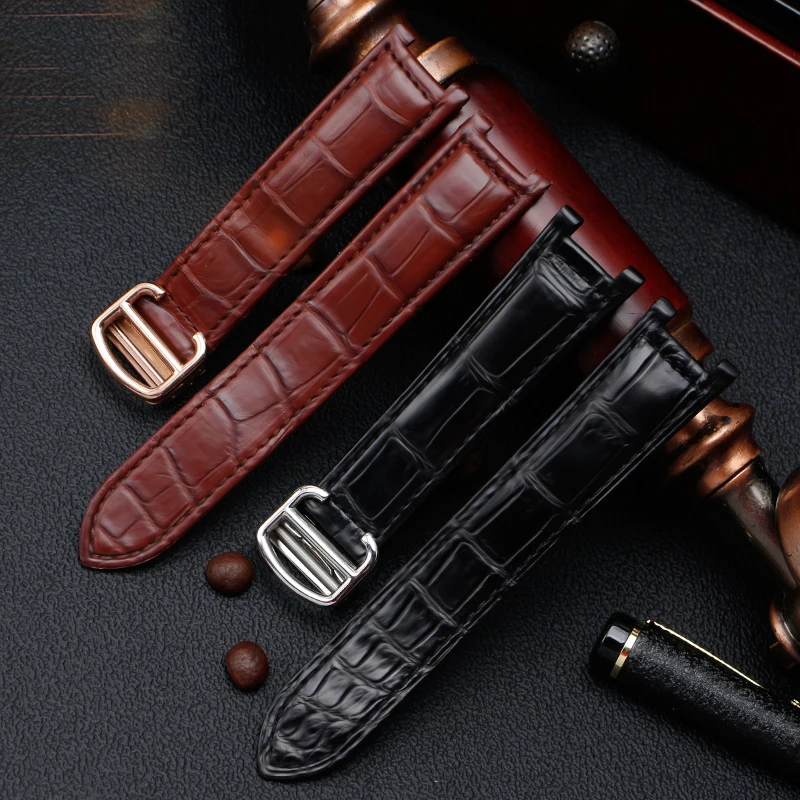 Crocodile leather watch strap Concave Mouth 18 20mm Brown/Black Calfskin Strap with Folding buckle For Cartier PASHA Watch