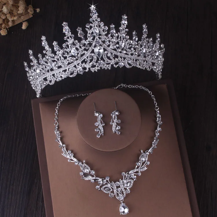 Luxury Baroque Silver Color Crystal Bridal Jewelry Sets Rhinestone Crown Tiara Choker Necklace Earring Wedding Dubai Jewelry Set