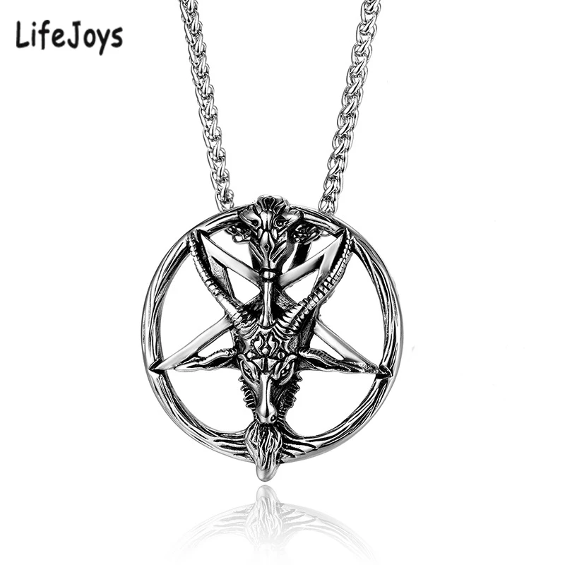 Baphomet Satan Necklace Satanic Jewelry Stainless Steel Lucifer Goat Pendant Antique Vintage Round Silver Color For Men Women