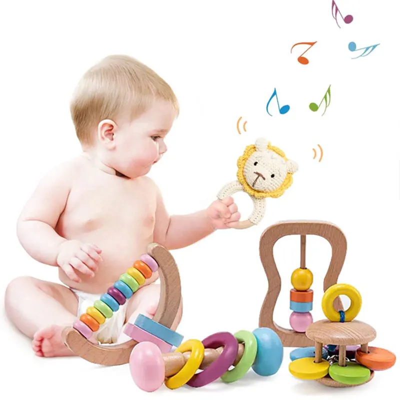 Baby Wooden Toys Rattles for Toddler Newborn Xmas Gift Grasp Play Game Teething Infant Toy Early Musical Educational Montessori