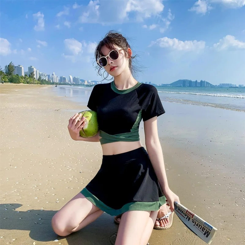 Bikini Set Women Ulzzang Chic Summer Newest 2-częściowy strój kąpielowy Studenci Strój plażowy Kostiumy kąpielowe Patchwork Wysoka talia Młody styl