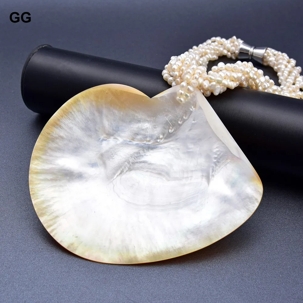 GuaiGuai Jewelry 7 Rows Natural White Keshi Pearl Big Shell Pendant Necklace