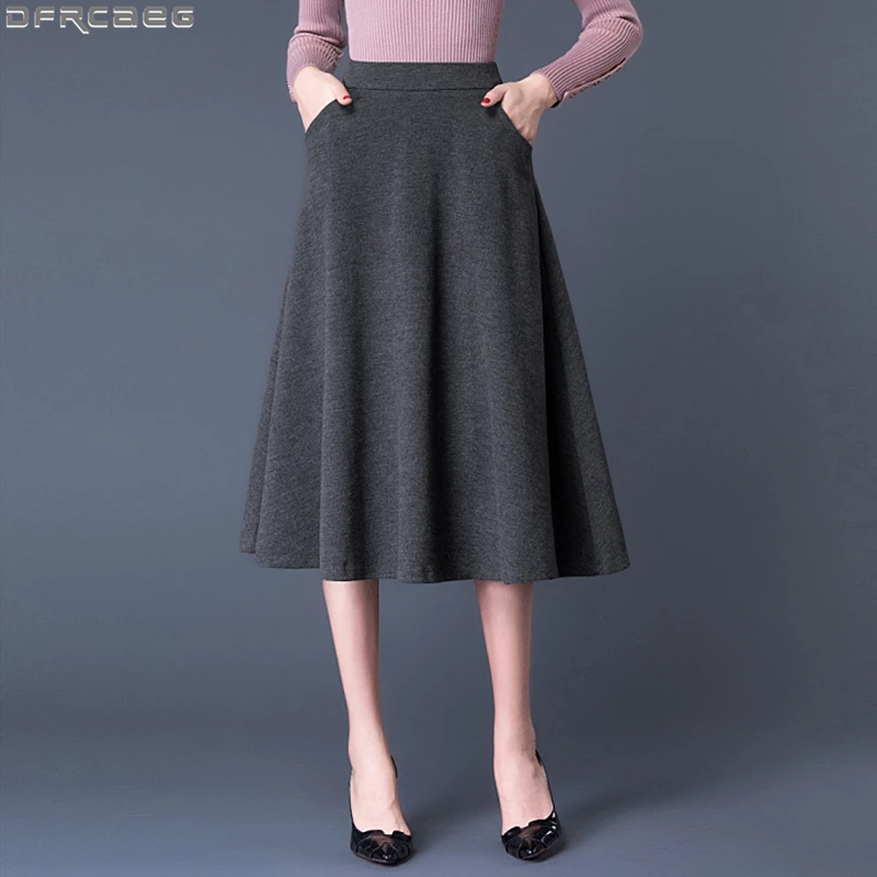 Vintage Gray Black Wool Skirt Female Retro Autumn Winter High Waist Women's Skirts Solid A-line Saia Midi Plus Size Skirt Women