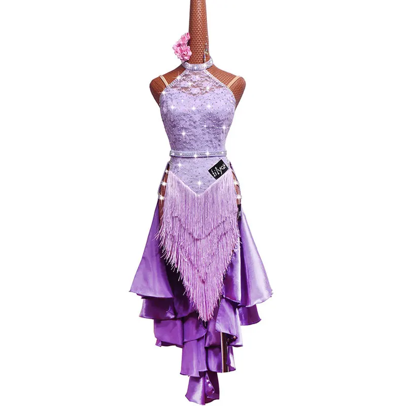 New Latin Dance Dress Competition Dress Costumes Skirt Performing Dress Rhinestones Adult Customize Children Purple Tassel Skirt