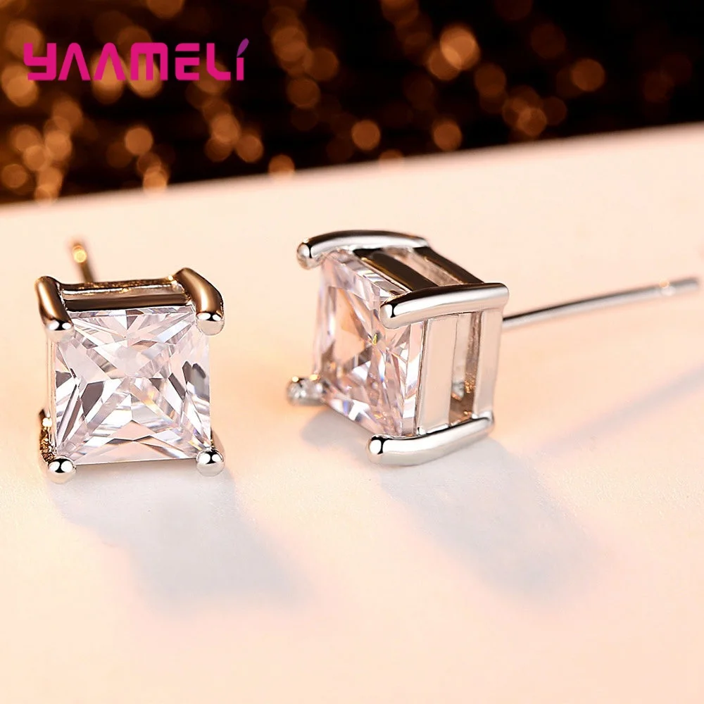 Trendy Female Square Cubic Zirconia Stud Earrings 925 Sterling Silver Jewelry Pink For Women Birthday Anniversary Gifts Brincos