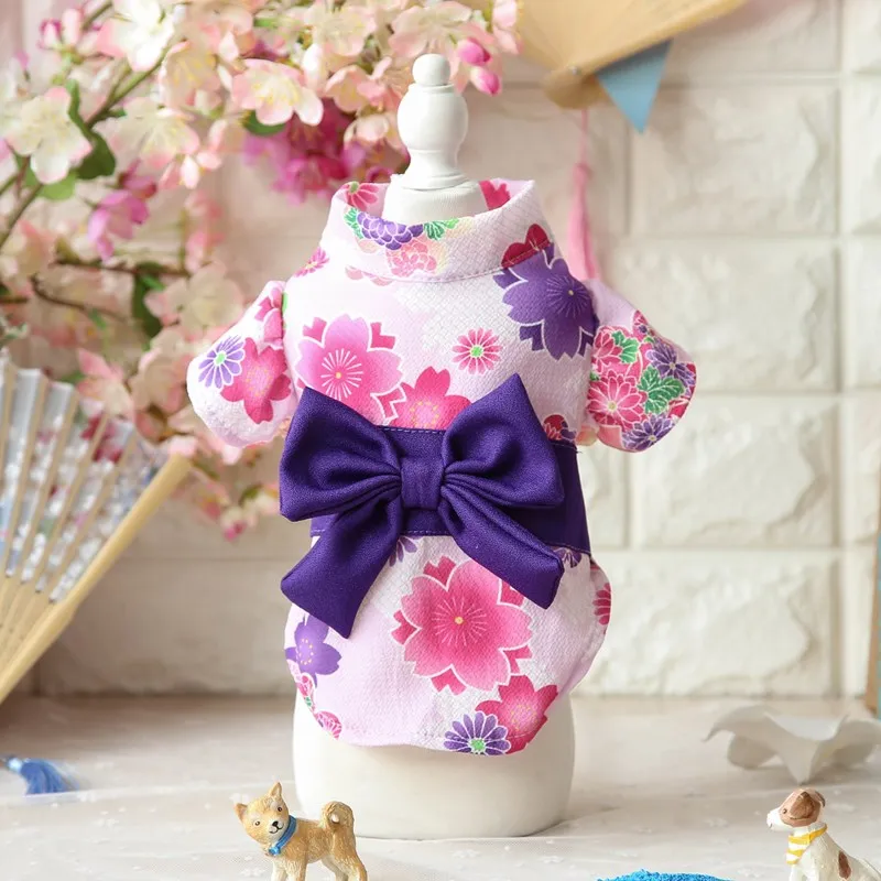 Japanese Pet Kimono Poodle Cat Cherry Blossom Bathrobe Sakura Kimono Dress Puppy Kitty Flower Skirt Pet Spring Summer Clothes