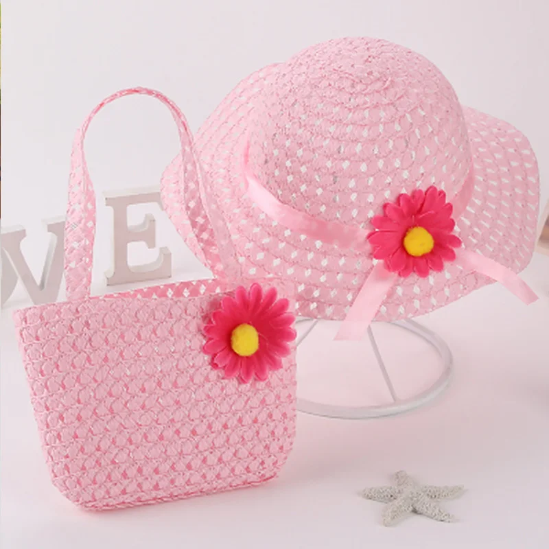 New Summer Children Beach Hats Set Wide Brim Yellow Straw Wide Hat 3-7 Old Years Children's Holiday Travel Pink Beach Bags